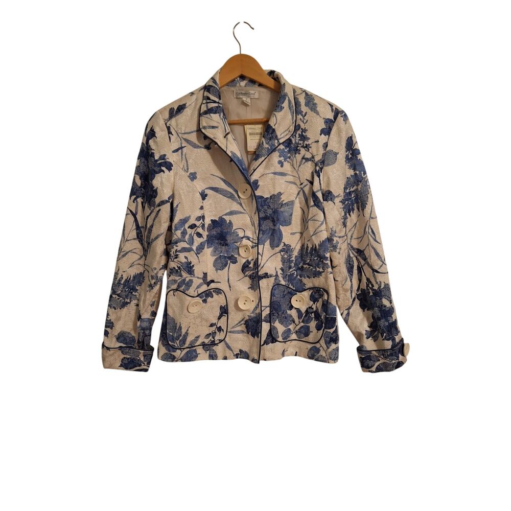 NWT Coldwater Creek Women's Blue White Floral Jacket Button Up Blazer 12